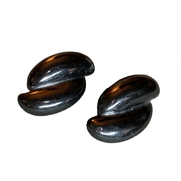 BAKELITE Vintage 1940s Licorice Black Clip-on Art Deco Design Earrings TESTED - Picture 1 of 4